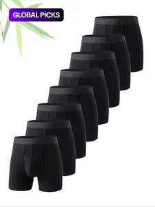 8-Pack Men's Bamboo Fiber Boxer Briefs, Long Leg Anti-Chafe Soft Stretch Fitted Underwear Undergarments with Fly Design, Breathable Comfortable Daily Wear