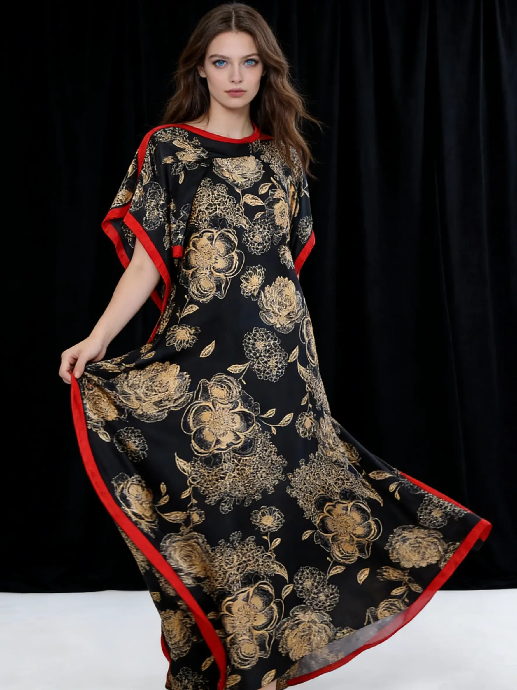 Women's elegant satin kaftan robe, paired with a scarf of the same color - black and gold floral print with red trim design | Chinese-inspired cape-style extra-long Maxi kaftan dress, suitable for evening cocktail parties
