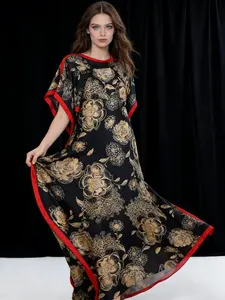 Women's elegant satin kaftan robe, paired with a scarf of the same color - black and gold floral print with red trim design | Chinese-inspired cape-style extra-long Maxi kaftan dress, suitable for evening cocktail parties