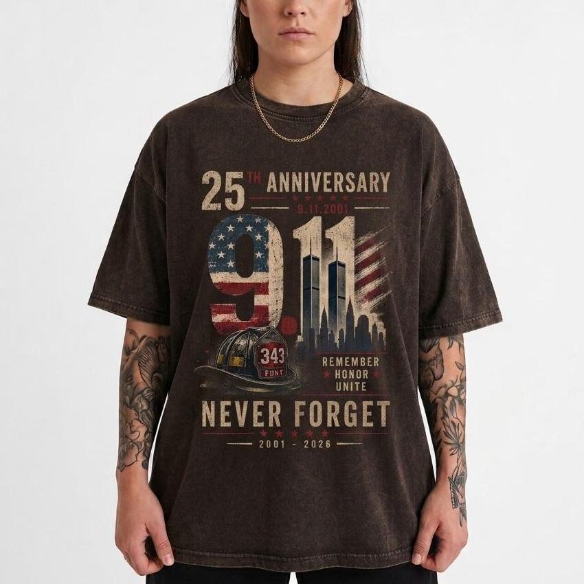 EspressoaComfort Colors Never Forget 911 Memorial T-Shirt, 25th Anniversary 2001-2026 Tribute, Patriotic American Flag Twin Towers Apparel