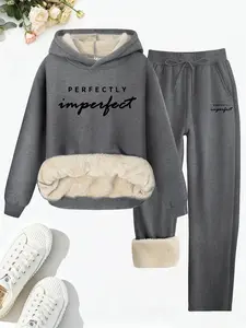 Women's Fleece Lined Long Sleeve Pants Set, Perfectly Imperfect Letter Print, Casual Fitted Fall & Winter Warm Two-Piece