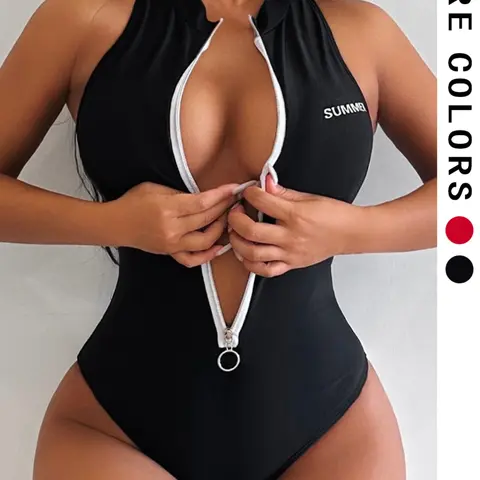 Women's Zipper Neck Stylish One-Piece Sexy Vacation Beach Bikini Swimsuit, Elegant & Comfortable Summer Swimwear, Chic Swimwear, Bodycon Monokini Swimsuit, Swimwear Bathing Suit