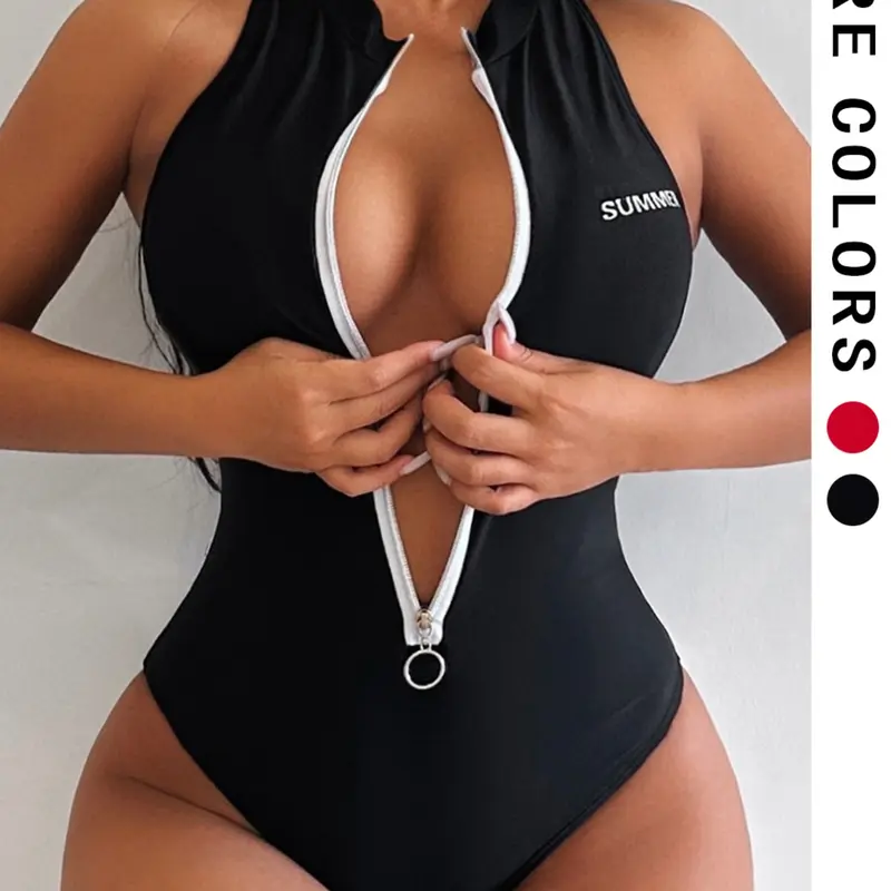Women's Zipper Neck Stylish One-Piece Sexy Vacation Beach Bikini Swimsuit, Elegant & Comfortable Summer Swimwear, Chic Swimwear, Bodycon Monokini Swimsuit, Swimwear Bathing Suit