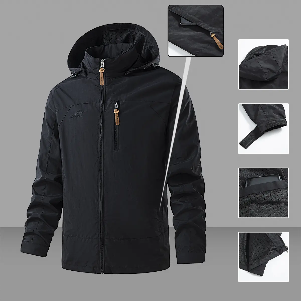 Men's Black Waterproof Hooded Jacket with Leather Pull-Zipper Details Windproof Raincoat Outdoor Sport Coat