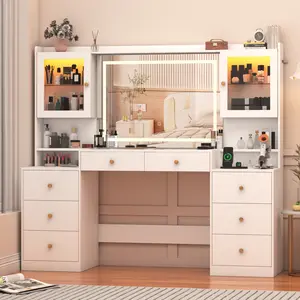 62" Vanity Desk with LED Lighted Mirror,  Drawers & RGB Cabinets, Makeup Table for Women & Girls with Power Outlet, Glass Top & Adjustable Lighting Modes