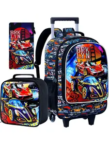 3Pcs Cool Sports Car Rolling Backpack Set for Boys - Race Car Print Wheeled School Bag with Lunch Bag & Pencil Pouch - Perfect for Kids Who Love Speed & School Days