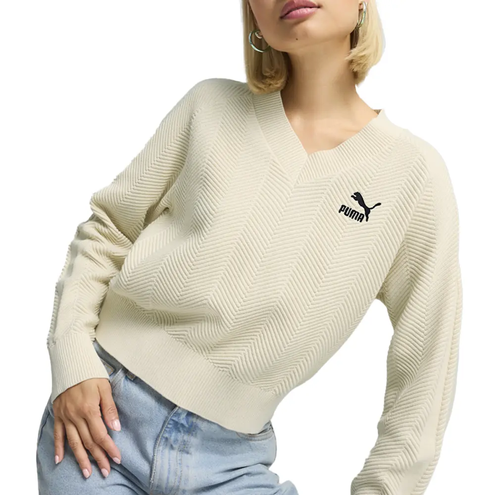 PUMA Womens T7 Knitted Logo V-Neck Long Sleeve Sweater Casual - Off White PUMA Womens T7 Knitted Logo V-Neck Long Sleeve Sweater Casual - Off White
