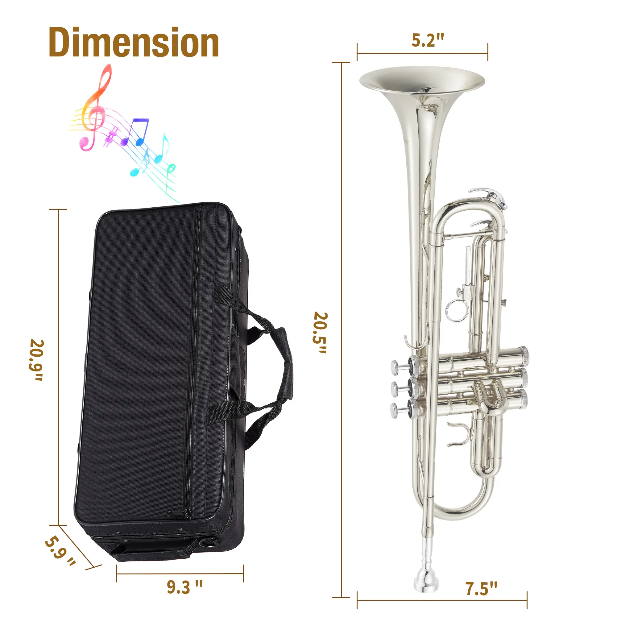 Nickel-Plated Brass Bb Trumpet for Beginner Students - Complete Starter Pack with Reinforced Bracing, Protective Cover, Mouthpiece, Cleaning Kit, Water Key, Musical Instruments for Practice