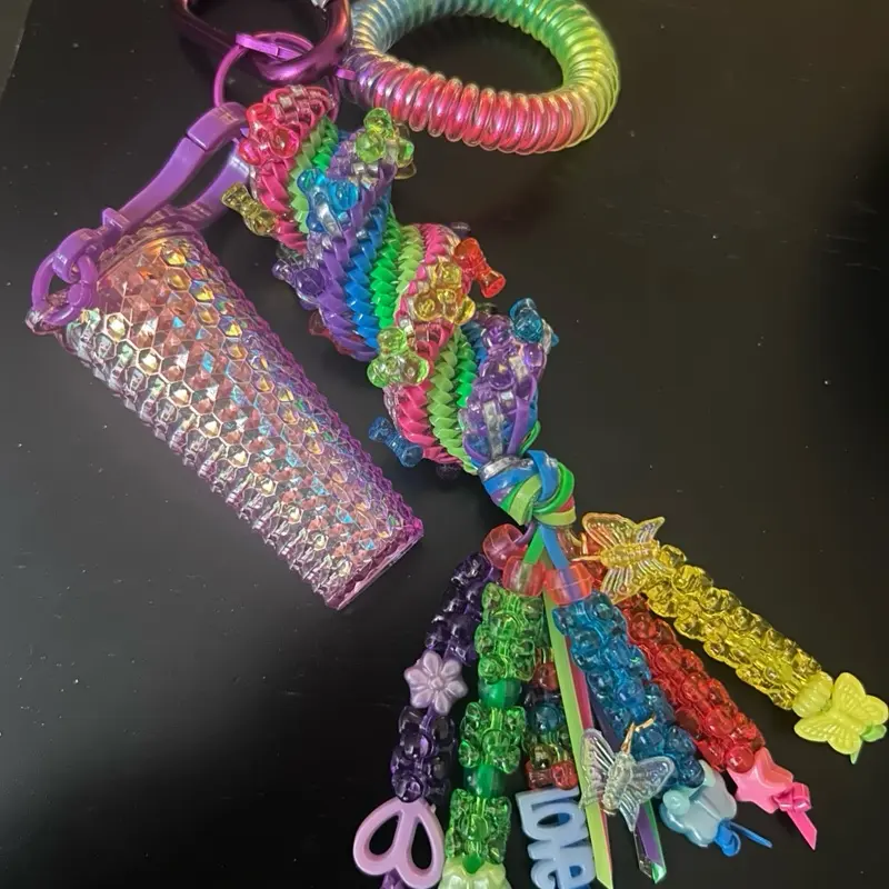 90’s Neon Boondoggle Handmade Accessory, Charm and Bead Embellished Bag Charm Keychain with carabiner clasp, tumbler charm, and nostalgic phone cord wristlet