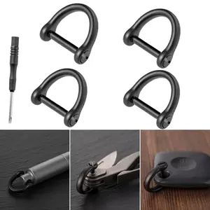 4 Pack D Ring Keychain with Screw Shackle, D Shape Durable Key Ring for Car Key DIY Leather Craft Purse-1/2inch (Black)