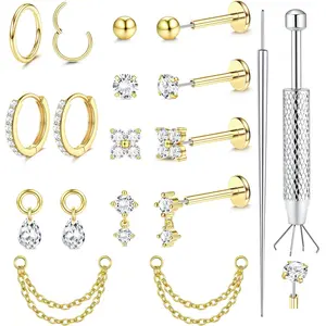 20G 18G 16G Threadless Flat  Earrings Stud - Surgical Steel Push in Nose Studs Cartilage Hoop Earring Set 14K  Plated Tragus Helix Conch Lip Labret Medusa