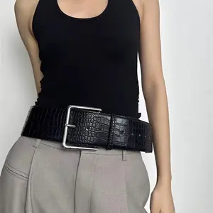 Oversized Crocodile Embossed Wide Belt Vintage Square Buckle Accessory Plus Size Waist Accessory