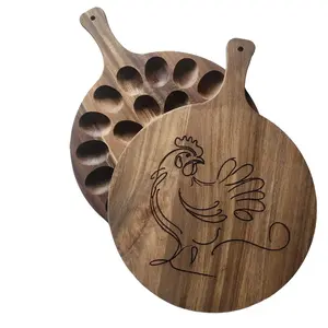 Round Acacia laser etched Deviled Egg Board, 24 eggs, Platter, Cutting Board, Tray, original art