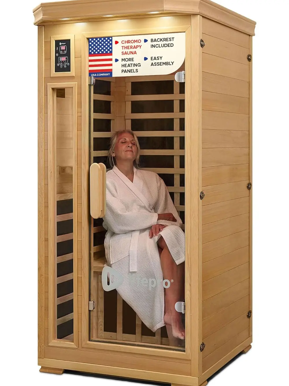 LifePro Rejuvacure Low-EMF Wooden Far Infrared Sauna for Home - Tempered Glass Door 1 Person Indoor Sauna Box with 7 Chromotherapy, Bluetooth Speakers, Canadian Hemlock Wood and Carbon Fiber Heaters
