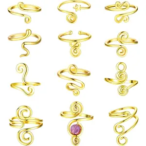 12PCS Adjustable Toe Rings for Women 14K Gold Plated Open African Toe Rings Summer Beach Foot Jewelry Set