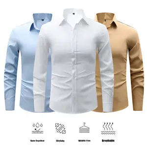 Elegant gentleman's long-sleeved formal shirt - Solid dark gray color, professional and casual style, polyester, semi-transparent collar opening, suitable for business or formal occasions in spring/autumn, spring/autumn, business casual