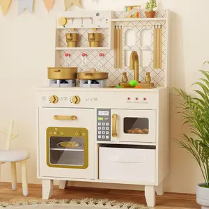 BIERUM Wooden Play Kitchen – Pretend Play Chef Set for Toddlers Ages 3+, Realistic Lights & Sounds, Includes 26 Pcs Toy Food & Cookware Accessories
