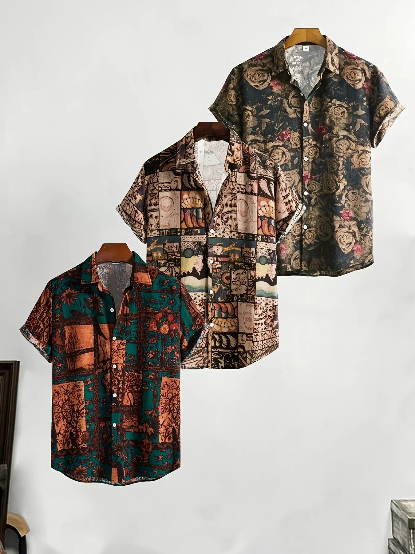 3 pieces of men's Tropical vacation shirts, featuring ethnic style patterned short-sleeved button-down shirts, are perfect for beach vacations and summer gatherings, Casual Summer Shirt