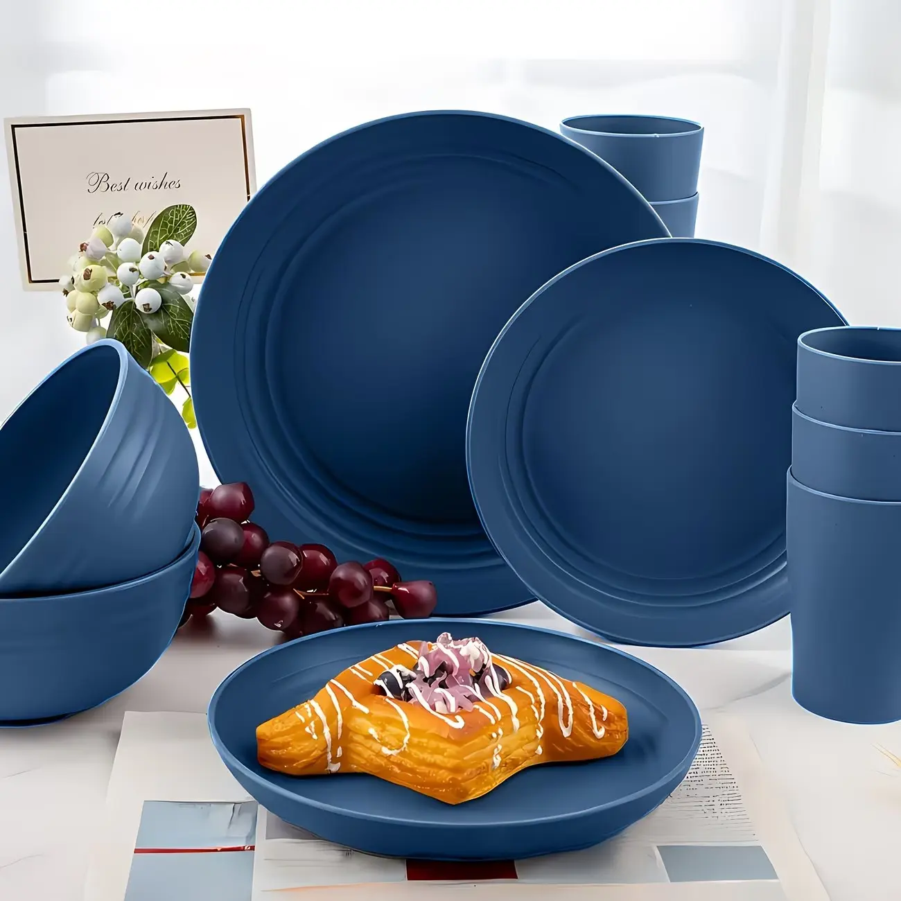 16pcs Blue Dinner Set Tableware for 4, Includes Plates, Bowls, and Cups, Microwave Safe, Dishwasher Friendly, Perfect for Holidays and Outdoors, Modern Tableware Sets, Dinnerware, Dishware Set