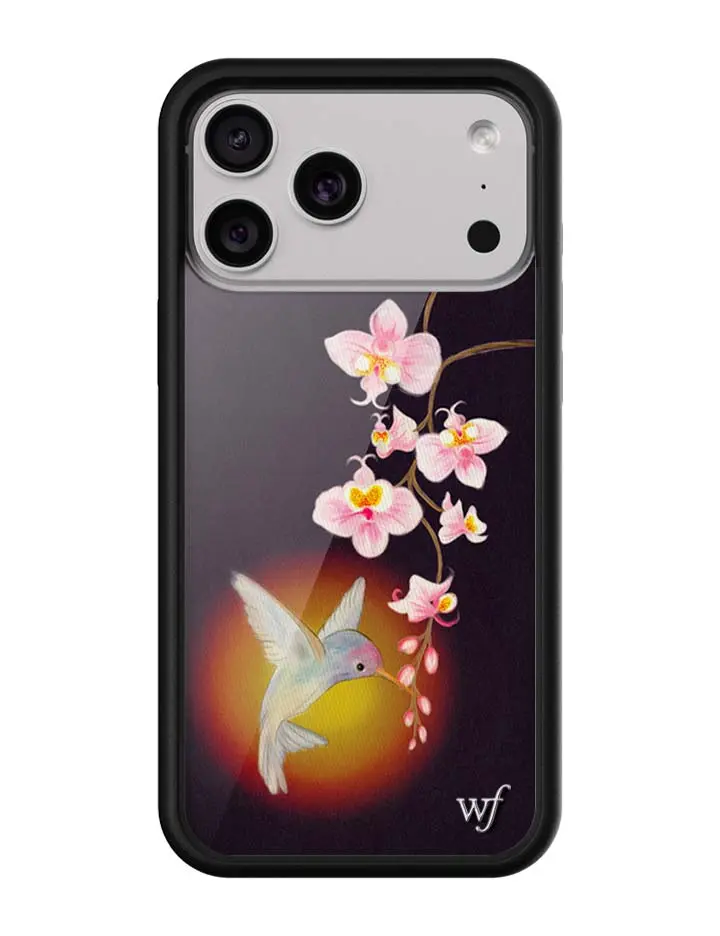 Humming Bird | Limited Edition Trendy Collab iPhone Case | Raised Protective Black Bumper | Women Owned Small Business | Pink Background Vibrant Pink and White Lily Green Leaves | Safety Casing Protective | Gift for Her