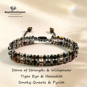 Safe Travels Protection Men's Bracelet, Genuine Hematite Tiger Eye Smoky Quartz Pyrite, Success & Strength