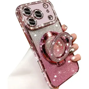 Changjia Glitter Kickstand Case for iPhone 17 Pro Max,Cute Bling Sparkly Diamond Rhinestones with Camera Lens Protector Liquid Flowing Ring Stand TPU Bumper Women Girls Case for iPhone 17 Pro Max,Pink