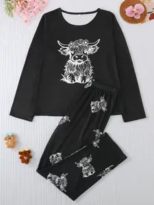 Women's 2-Piece Fitted Matching Pajama Set, Casual Round Neck Long Sleeve Top & Elastic Pants, Cow Cartoon Print, All-Season Comfortable Sleepwear Loungewear, Homewear, Pjs Pyjamas Womenswear