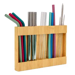 AURA by S&T INC. Straw Holder for Cabinet Door, Plastic Kitchen Organization for Straws with 5 Compartments, Removable Mounting Strips, 9.5 inches x 6.5 inches x 1 inch, Plastic, Bamboo
