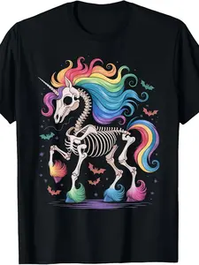 Men's Plus Size Vibrant Unicorn Skeleton Graphic T-Shirt - Whimsical Black Tee Featuring a Colorful Unicorn Skull, Rainbow Mane and Tail, Spooky Halloween Bats and Stars - Perfect for Animal Lovers and Fantasy Fans