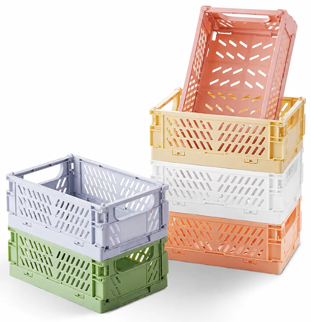 6 Pack Mini Collapsible Storage Baskets, Pastel Plastic Organizer Bins with Handles, Foldable Space Saving Crates for Classroom, Kitchen, Office, Bedroom & Camping Essentials