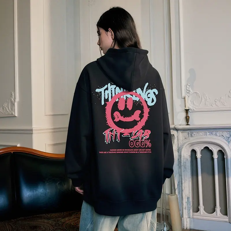 Devil Smiley Graffiti Hoodie, Unisex Streetwear Pullover in Heavyweight Cotton Blend, Loose-Fit Style for Plus Size Fashion, Smiley Face, Machine Wash