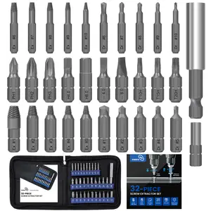 STREBITO Damaged Screw Extractor Set, 32 PCS Stripped Screw Extractor with Magnetic Extension Shaft, Socket Adapter & 10 Screwdriver Bits, Stripped Screw Removal Tool for Broken Bolt & Screws