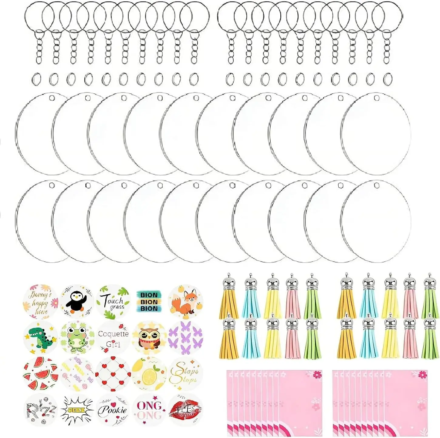 Joyclub Acrylic Keychain Blanks Kit - 140 Pcs with Clear Round Acrylic Blanks, UV Stickers, Tassels, Key Rings, Jump Rings, Packing Cards, Bags for DIY Vinyl Crafting
