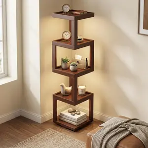 4-Tier Revolving Bookshelf – 360° Rotating Corner Bookcase – Modern Wooden Display Rack for Small Spaces – Tall Space-Saving Storage Organizer for Living Room, Bedroom & Office – Dark Walnut Finish (49.2 Inch)