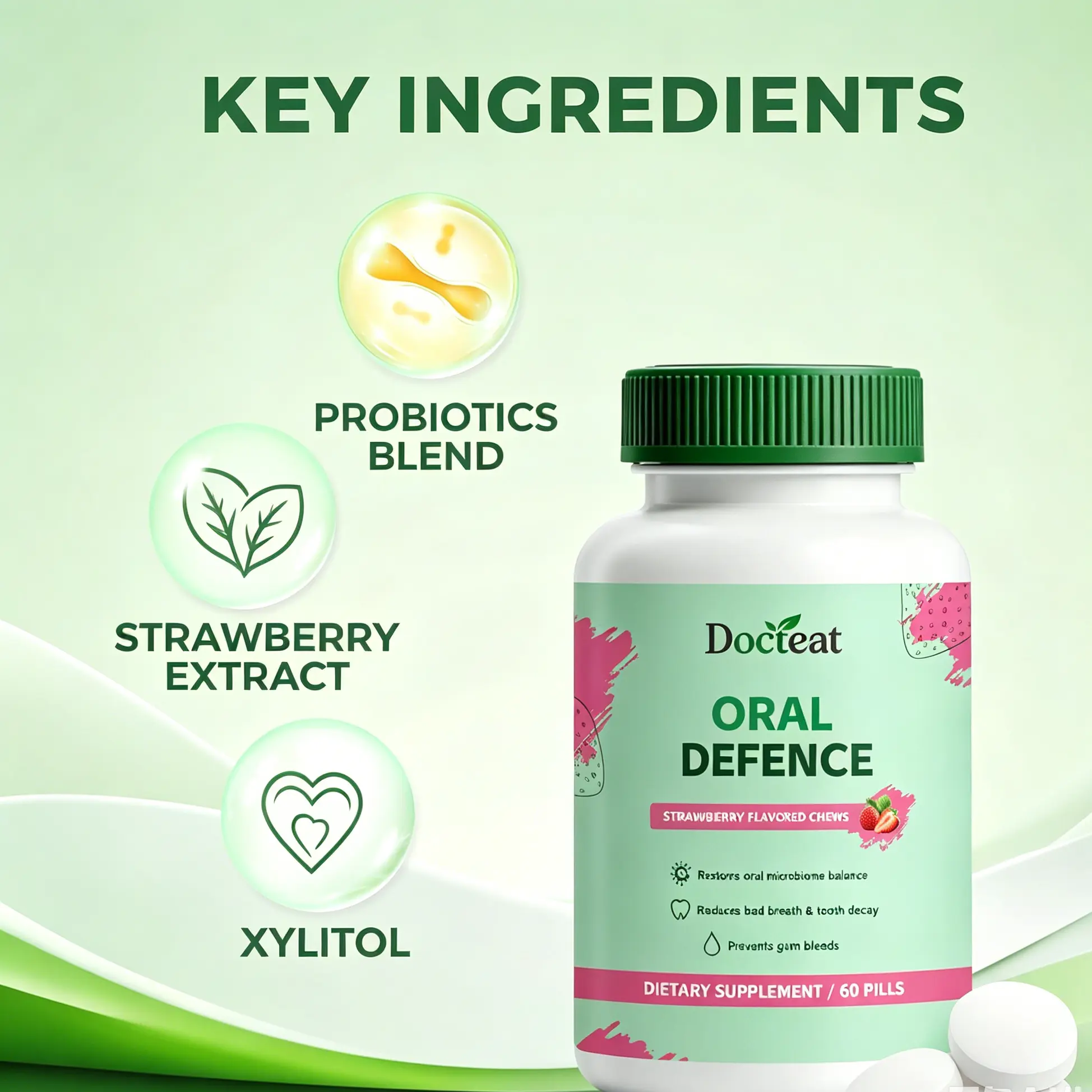 Oral Probiotics Tablets - Sugar Free, Xylitol Added, Strawberry Flavor, 24 Months Shelf Life, Supports Fresh Breath & Gum, Teeth Health, 60 Counts Single Bottle Dietary Supplement for Adults