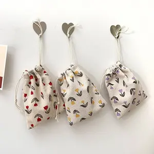 Floral Corduroy Drawstring Pouch