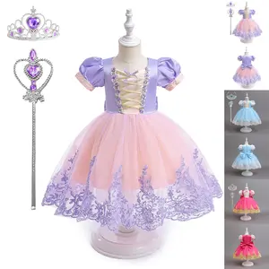 7M-6Y Purple Embroidered 049 with Crown Magic Wand Cartoon Bow Cosplay Costume Fancy Carnival Kids Clothes Performance Princess Theme Party Holiday Baby Girls Ball Gown Toddle Cocktail Dress