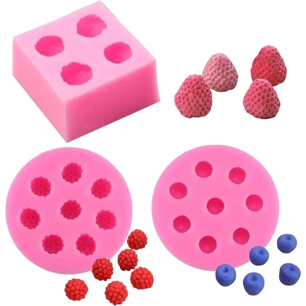 3-Piece Small Volume Fruit Shapes Silicone Mold Set - Strawberry, Raspberry, Blueberry Designs for Cake Decorating, Multi-Use for Fondant, Chocolate, Soap, Candles, Wax Melts (Bakeware Molding Tool)