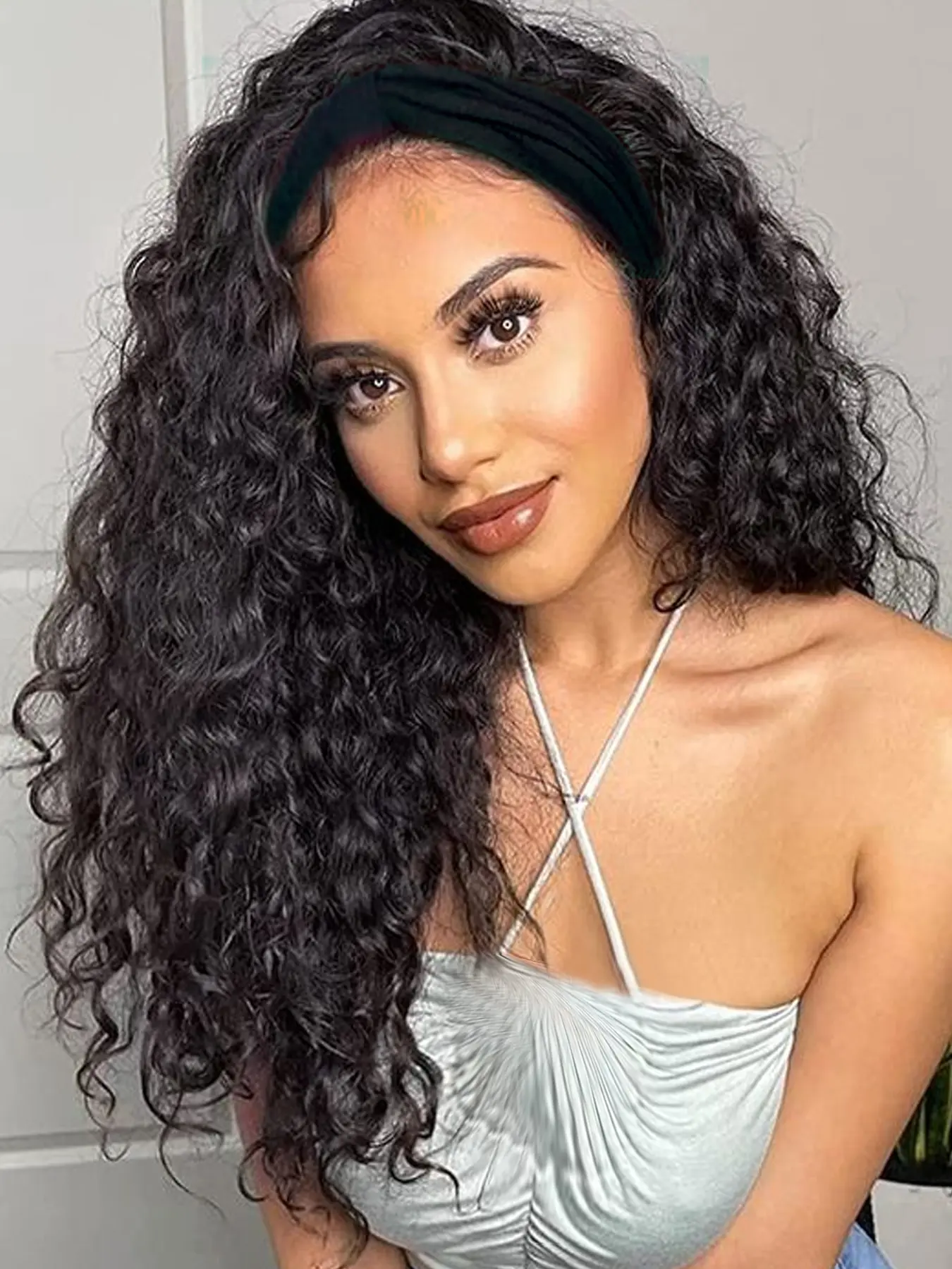22 Inch Water Wave Headband Wig, Synthetic Deep Wave Headband Wigs, Rose Net Cap, Glueless Wigs for Women, Daily Party Cosplay Use, Synthetic Curly Wigs, Synthetic Hair, Synthetic Wavy Hair, Headband Style Wig, No Glue Wig
