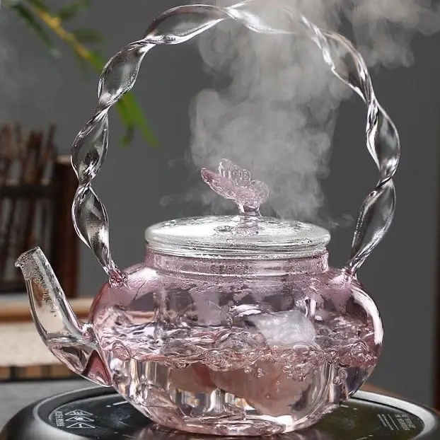 Pink Butterfly Twist Handle Borosilicate Glass Teapot - Anti-Scalding, Heat Resistant, 3D Pink Butterfly Lid Knob, Vintage Stovetop Safe Kettle for Electric Ceramic Stove, Aesthetic Fairy Flower Tea Brewer, Ideal Gift for Girls & Tea Lovers