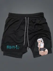 Men Gifts,Graphic Shorts,Frieren Print Drawstring Waist 2 in 1 Gym Shorts, Regular Fit, Breathable, Quick Drying, Pocket Shorts, Gym Shorts, Summer Style Shorts, Summer Sports Bottoms, Running Workout Shorts, Streetwear Sports Shorts