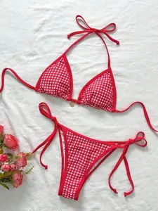Plus Size Women's Casual Beach Vacation Gingham Bikini Set Red Plaid Halter Neck Tie Side Bottoms High Waist 2 Piece Set