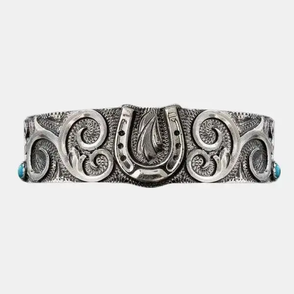 Patsy Cuff Turquoise | Hand Engraved German Silver  With Antique | Horse Shoe Figure | Simulated Turquoise Stones
