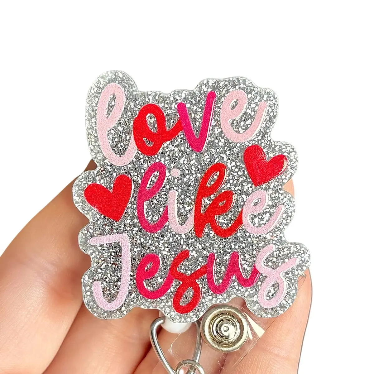 Glitter My Badge Love like Jesus Valentine’s Day reel for nurse and hospital workers. Badge clip Badge pull - Retractable swivel clip with a 360 rotation. Great gift for coworker