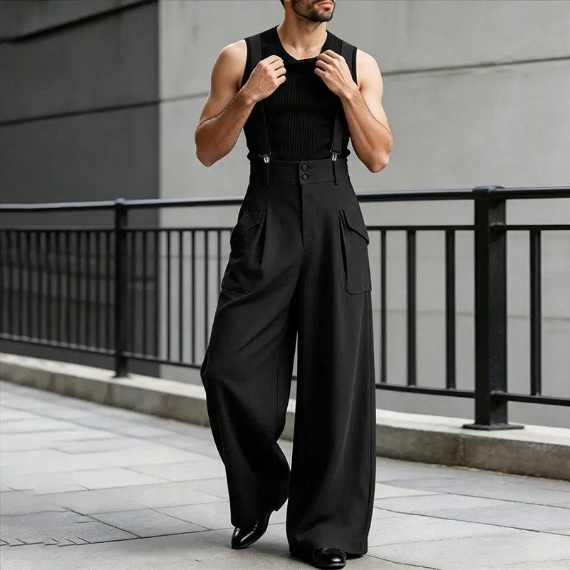 INCERUN Men's Retro British Polyester Suspender Pants with High Corset Waist, Wide-Leg Drape and Utility Pockets, Menswear, Classic, Elegant