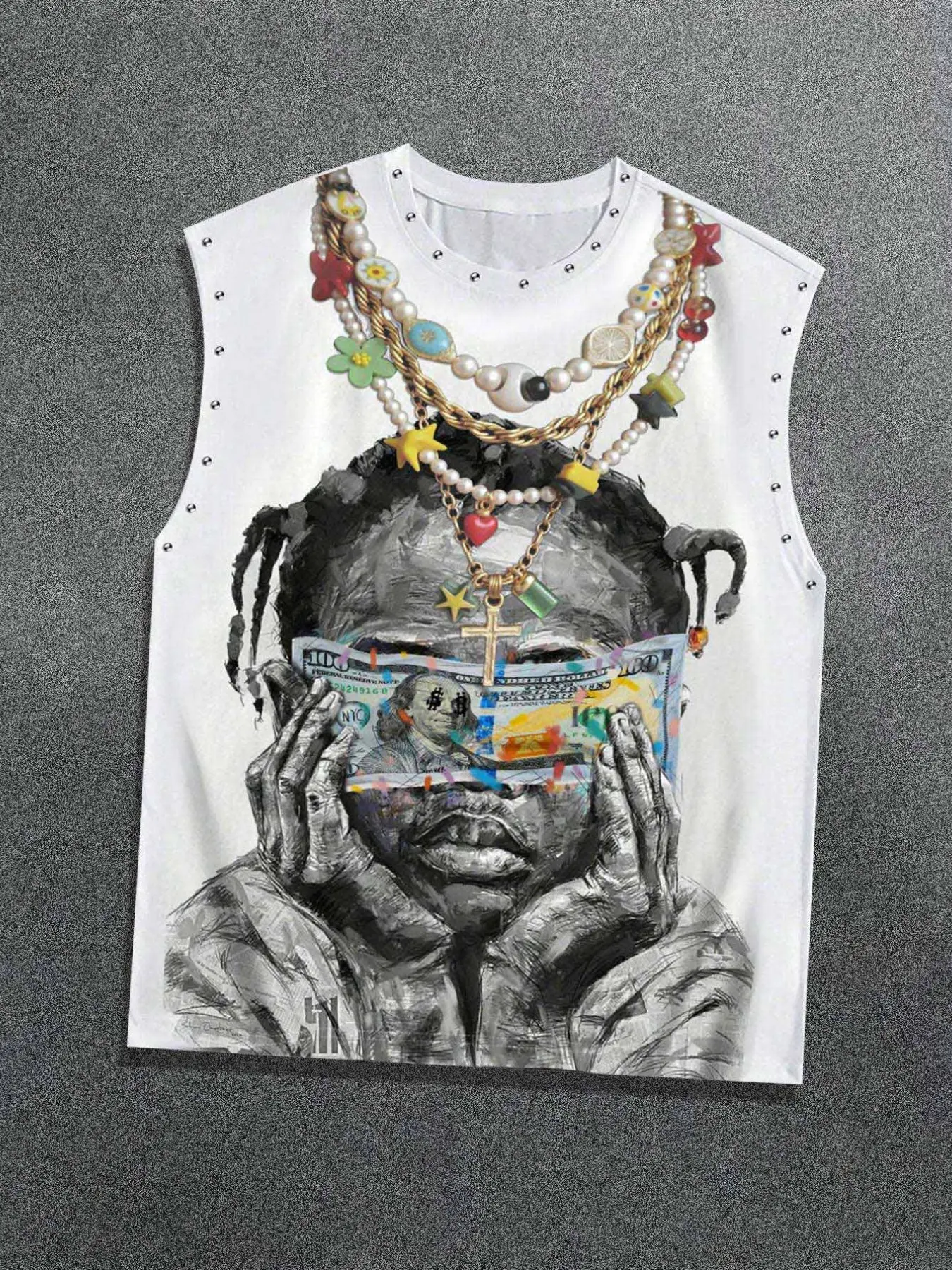 Y2K Dollar Mock-Up Vest Men's and Women's Same Style, Graffiti Cartoon Little Boy Print Sleeveless Loose Design T-Shirt, Fashion Punk Vest Summer 2026 New European and American Streetwear Trendy Brand Vest, Patterned Tank Top Casual Vest Tee