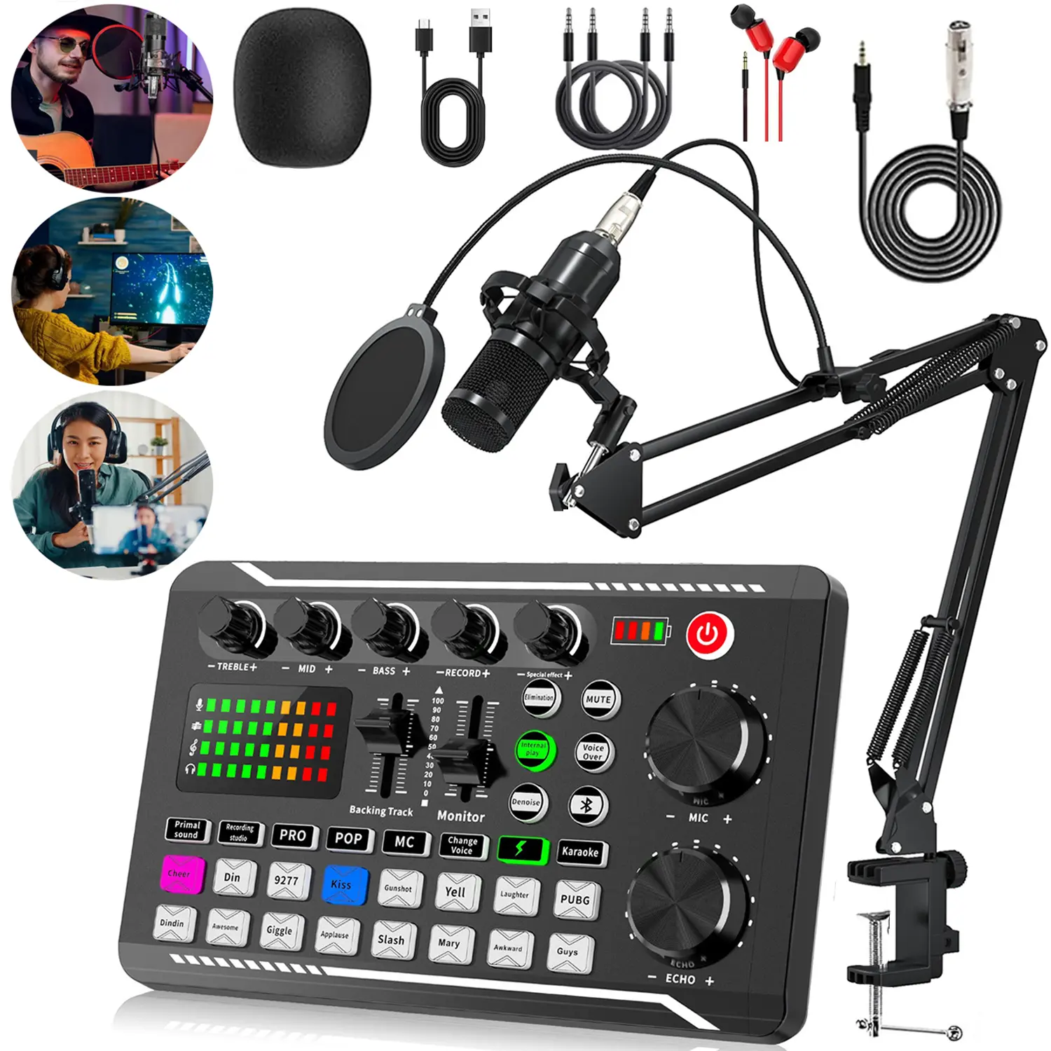 F998 Wireless Bluetooth Live Sound Card with Mic, Voice Reverb Changer, Music Control Mixer, Plastic Body & Stand Kit - Multi-Device Compatible for Smartphones, Computers - Podcast Users