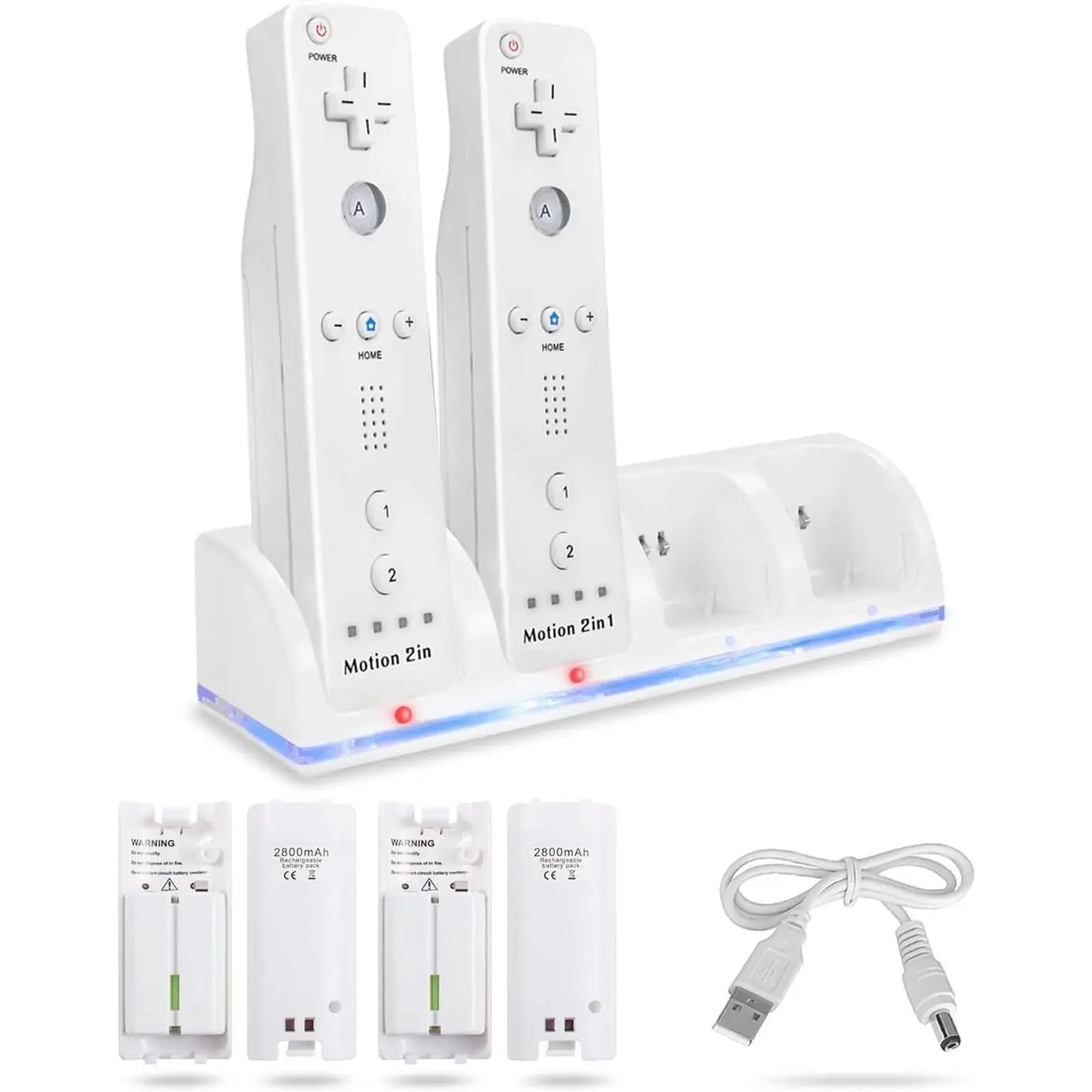 4-in-1 Charging Station for Wii&Wii U Remote Controller,Charger with 4 Rechargeable Battery Packs (4 Port Charging Station+4 pcs 2800mAh Replacement Batteries+USB Cable),Remote Not Included