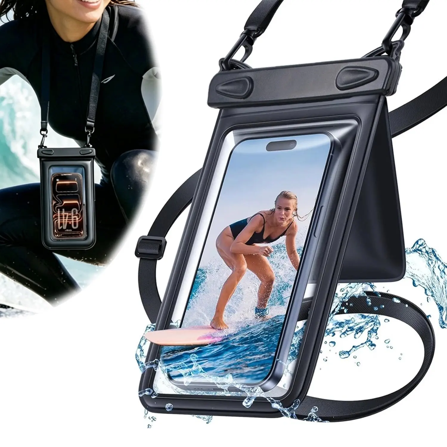 HOMEYA Floating 2-Pouch Waterproof Universal Cell Phone Dry Bag Case with Lanyard - Under 8" Fit for iPhone/Samsung/Galaxy, Ideal for Boating,Cruise Ship Activities,Black