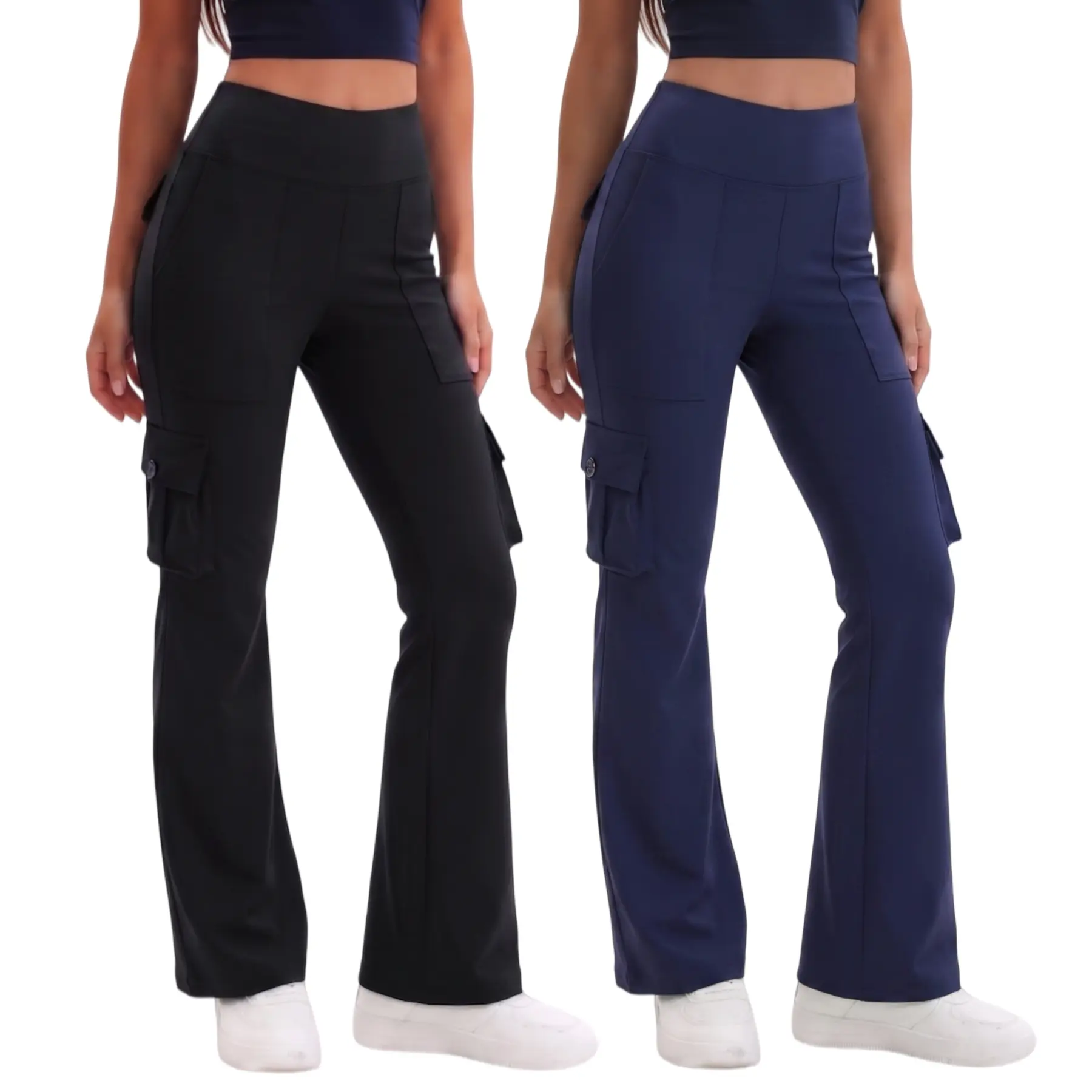 Women's 2-Pack High Waisted Cargo Trouser Leggings - 4 Pockets, Front Seam Tummy Control, Bootcut, Breathable Comfortable Fabric, Fit Universal Sports Bottoms Streetwear Essential